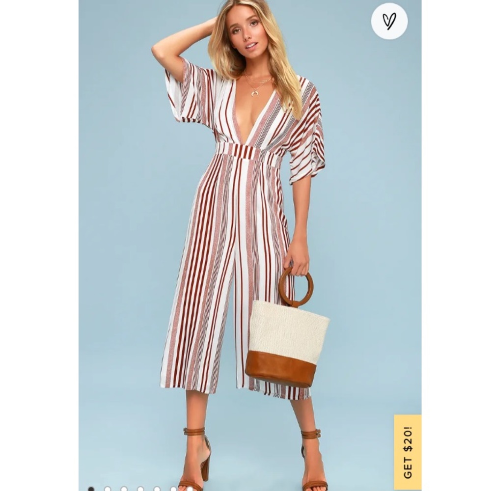 Lulus Hook Line Sinker Rust Red Striped Jumpsuit - image 1